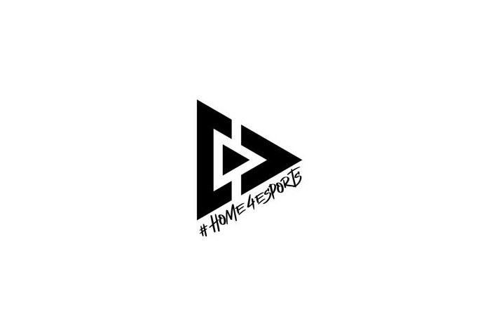 A black and white minimalist logo featuring a bold triangular shape with a cutout arrow pointing upward to the right, with the hashtag "#homeCrowdControlEsports" inscribed within the lower part of