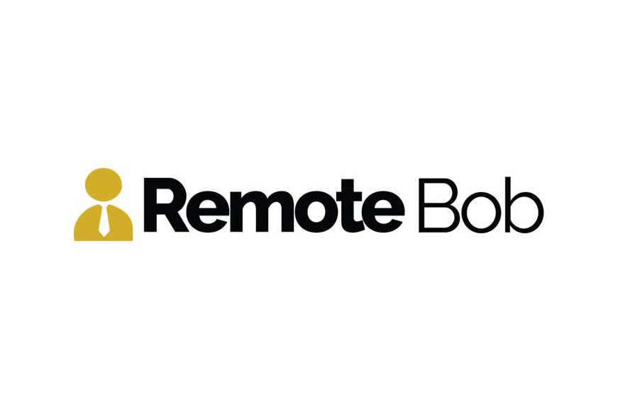 A minimalist logo depicting a stylized person icon followed by the text "Remote Bob" in black font, symbolizing remote jobs.
