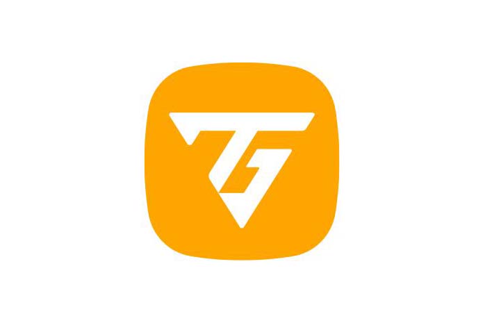 An orange square app icon with a stylized white letter 'f' resembling a lightning bolt for TellyGence.