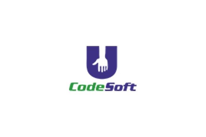 Logo of UCodeSoft featuring a stylized handshake in white and purple above the brand name in green and blue.