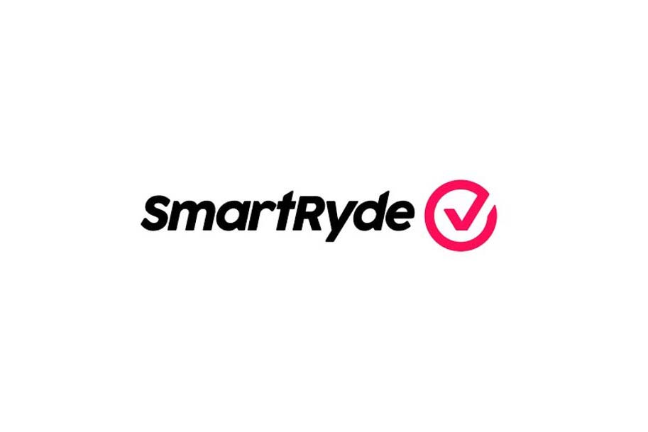 Logo of "SmartRyde" featuring a stylized checkmark next to the text, symbolizing rideshare transportation.