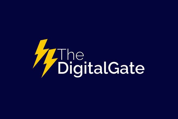 A vibrant yellow lightning bolt graphic beside the text "the digitalgate" on a deep blue background, symbolizing energy and innovation in online presence and digital marketing.