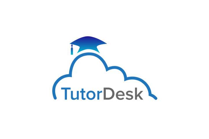Logo design depicting a stylized cloud with an academic graduation cap on top and the text "TutorDesk" below, symbolizing an online tutoring platform focused on knowledge and learning assistance.
