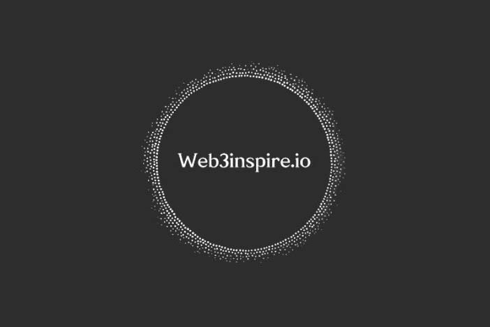 A sleek, minimalist design featuring a circular array of dots forming a border around the text "Web3inspire.io" centered on a dark background.
