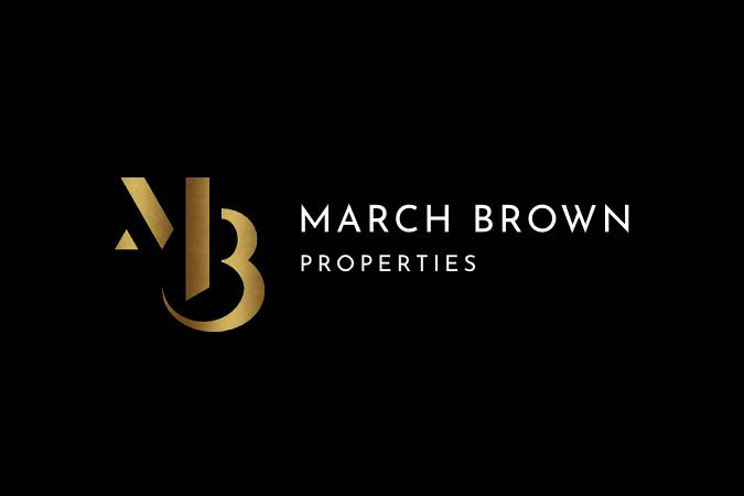 Elegant black and gold logo design for March Brown Properties, featuring stylized initials MB.